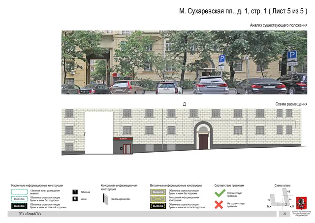Архитектурная концепция размещения вывесок — Малая сухаревская площадь, 1, стр. 1, Москва, лист 5 из 5 · Документ по адресу · Архитектурно-художественная концепция