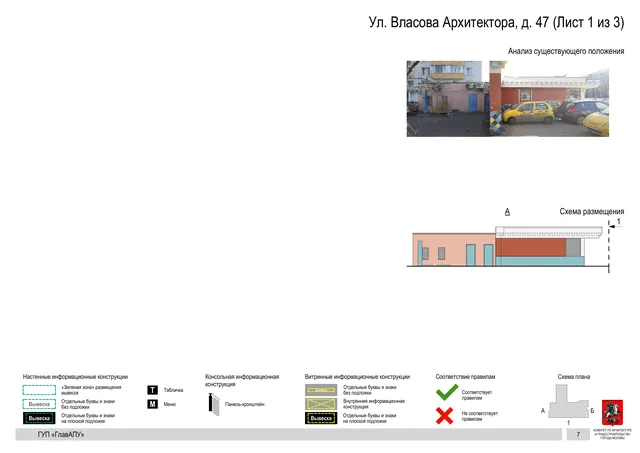 Архитектурная концепция размещения вывесок — Власова архитектора улица, 47, Москва, лист 1 из 3 · Документ по адресу · Архитектурно-художественная концепция · 2016 год