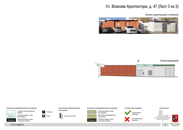 Архитектурная концепция размещения вывесок — Власова архитектора улица, 47, Москва, лист 3 из 3 · Документ по адресу · Архитектурно-художественная концепция · 2016 год