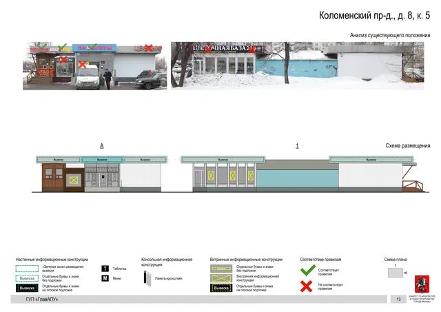 Архитектурная концепция размещения вывесок — Коломенский проезд, 8, корп. 5, Москва, страница PDF 13 · Документ по адресу · Архитектурно-художественная концепция · 2016 год