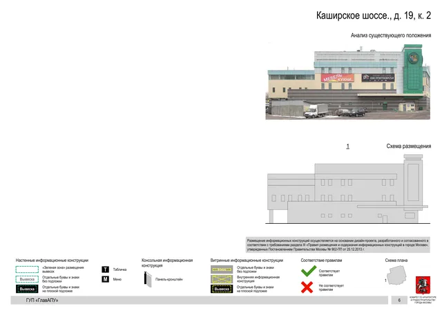 Архитектурная концепция размещения вывесок — Каширское шоссе, 19, корп. 2, Москва, страница PDF 6 · Документ по адресу · Архитектурно-художественная концепция · 2016 год