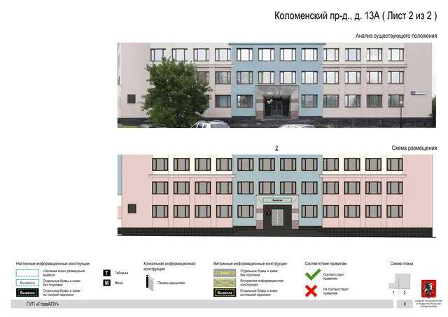 Архитектурная концепция размещения вывесок — Коломенский проезд, 13А, Москва, лист 2 из 2 · Документ по адресу · Архитектурно-художественная концепция · 2016 год