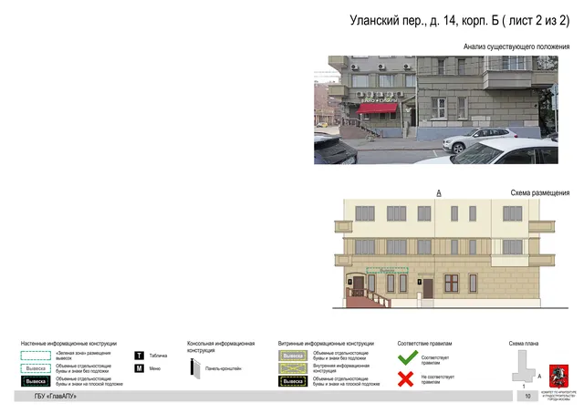 Уланский пер., д. 14, корп. Б ( лист 2 из 2) · PDF 12 Архитектурная концепция размещения вывесок — Уланский переулок, 14, корп. Б, Москва, лист 2 из 2 · Документ по адресу · Архитектурно-художественная концепция