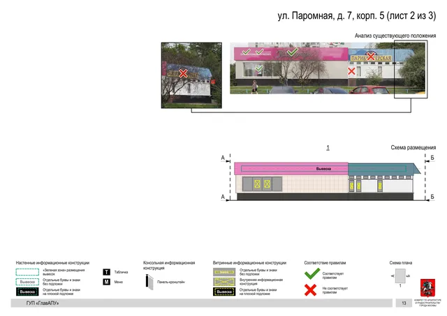 Архитектурная концепция размещения вывесок — Паромная улица, 7, корп. 5, Москва, лист 2 из 3 · Документ по адресу · Архитектурно-художественная концепция · 2016 год