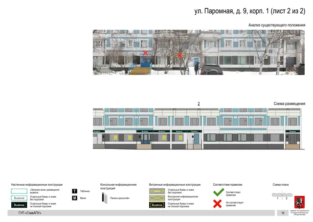 Архитектурная концепция размещения вывесок — Паромная улица, 9, корп. 1, Москва, лист 2 из 2 · Документ по адресу · Архитектурно-художественная концепция · 2016 год