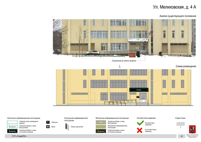 Архитектурная концепция размещения вывесок — Мелиховская улица, 4А, Москва, страница PDF 22 · Документ по адресу · Архитектурно-художественная концепция · 2016 год