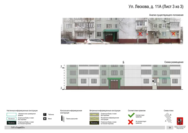 Архитектурная концепция размещения вывесок — Лескова улица, 11А, Москва, лист 3 из 3 · Документ по адресу · Архитектурно-художественная концепция · 2016 год