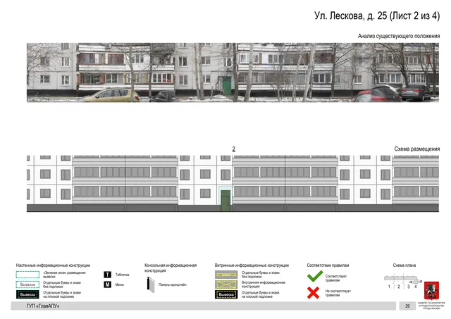 Архитектурная концепция размещения вывесок — Лескова улица, 25, Москва, лист 2 из 4 · Документ по адресу · Архитектурно-художественная концепция · 2016 год