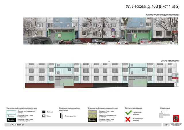 Архитектурная концепция размещения вывесок — Лескова улица, 10В, Москва, лист 1 из 2 · Документ по адресу · Архитектурно-художественная концепция · 2016 год
