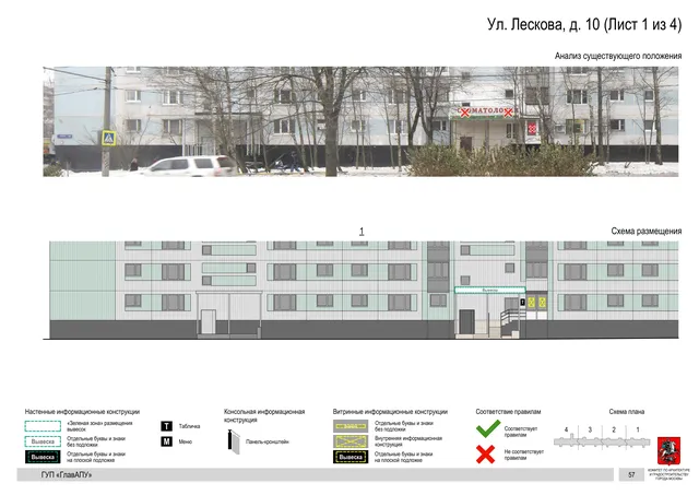 Архитектурная концепция размещения вывесок — Лескова улица, 10, Москва, лист 1 из 4 · Документ по адресу · Архитектурно-художественная концепция · 2016 год