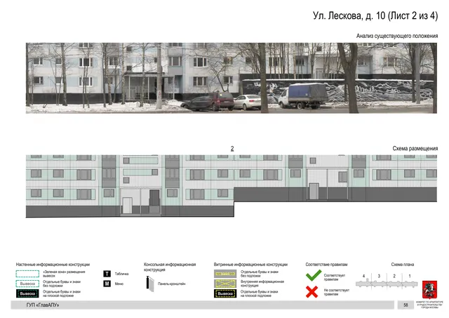 Архитектурная концепция размещения вывесок — Лескова улица, 10, Москва, лист 2 из 4 · Документ по адресу · Архитектурно-художественная концепция · 2016 год