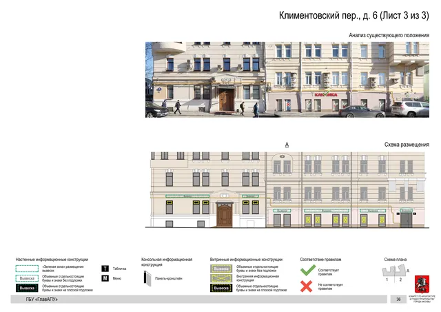 Климентовский пер., д. 6 (Лист 3 из 3) · PDF 37 Архитектурная концепция размещения вывесок — Климентовский переулок, 6, Москва, лист 3 из 3 · Документ по адресу · Архитектурно-художественная концепция