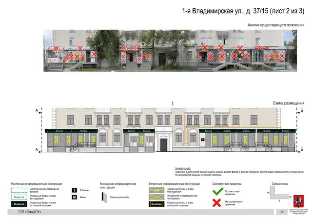 Архитектурная концепция размещения вывесок — 1-я владимирская улица, 37/15, Москва, лист 2 из 3 · Документ по адресу · Архитектурно-художественная концепция · 2016 год