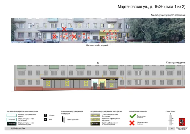 Архитектурная концепция размещения вывесок — Мартеновская улица, 16/36, Москва, лист 1 из 2 · Документ по адресу · Архитектурно-художественная концепция · 2016 год