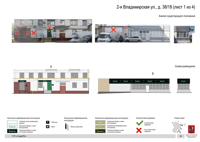 Архитектурная концепция размещения вывесок — 2-я владимирская улица, 38/18, Москва, лист 1 из 4 · Документ по адресу · Архитектурно-художественная концепция · 2016 год