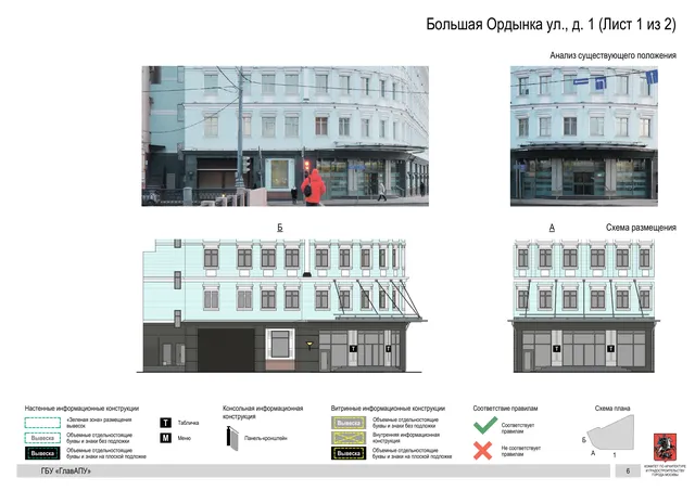 Архитектурная концепция размещения вывесок — Большая ордынка улица, 1, Москва, лист 1 из 2 · Документ по адресу · Архитектурно-художественная концепция