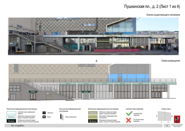 Архитектурная концепция размещения вывесок — Пушкинская площадь, 2, Москва, лист 1 из 4 · Документ по адресу · Архитектурно-художественная концепция