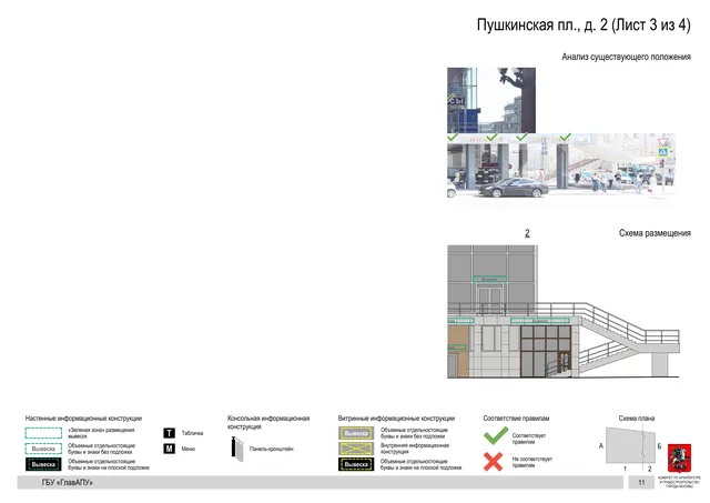 Архитектурная концепция размещения вывесок — Пушкинская площадь, 2, Москва, лист 3 из 4 · Документ по адресу · Архитектурно-художественная концепция