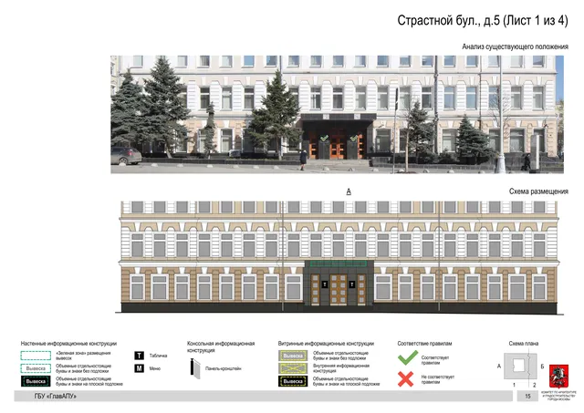 Архитектурная концепция размещения вывесок — Страстной бульвар, 5, Москва, лист 1 из 4 · Документ по адресу · Архитектурно-художественная концепция