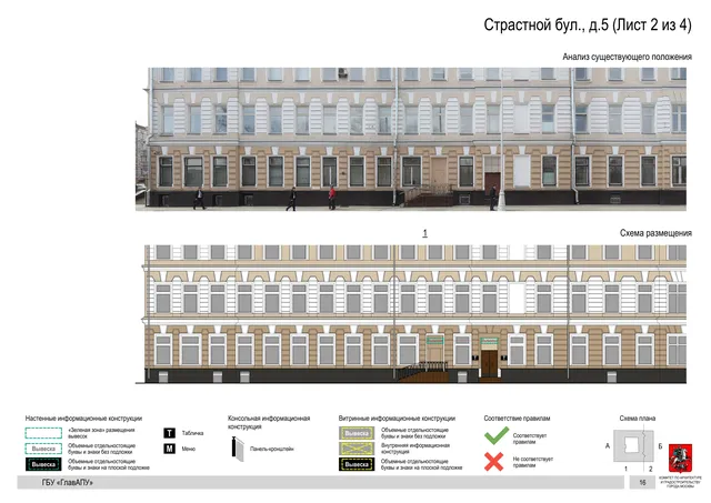 Архитектурная концепция размещения вывесок — Страстной бульвар, 5, Москва, лист 2 из 4 · Документ по адресу · Архитектурно-художественная концепция