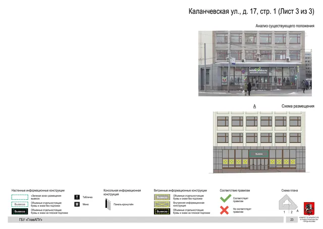 Архитектурная концепция размещения вывесок — Каланчевская улица, 17, стр. 1, Москва, лист 3 из 3 · Документ по адресу · Архитектурно-художественная концепция · 2019 год