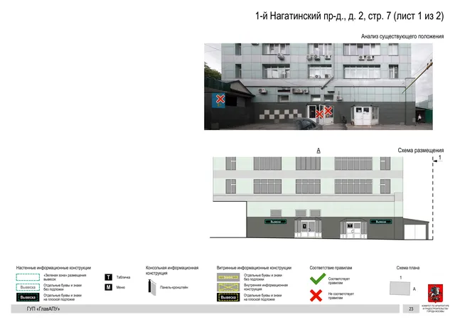 Архитектурная концепция размещения вывесок — 1-й нагатинский проезд, 2, стр. 7, Москва, лист 1 из 2 · Документ по адресу · Архитектурно-художественная концепция · 2016 год