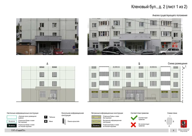 Архитектурная концепция размещения вывесок — Кленовый бульвар, 2, Москва, лист 1 из 2 · Документ по адресу · Архитектурно-художественная концепция · 2016 год