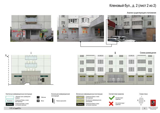 Архитектурная концепция размещения вывесок — Кленовый бульвар, 2, Москва, лист 2 из 2 · Документ по адресу · Архитектурно-художественная концепция · 2016 год