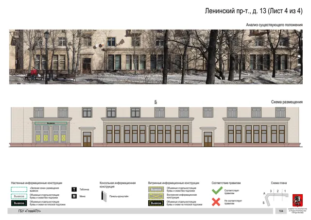 Архитектурная концепция размещения вывесок — Ленинский проспект, 13, Москва, лист 4 из 4 · Документ по адресу · Архитектурно-художественная концепция · 2019 год