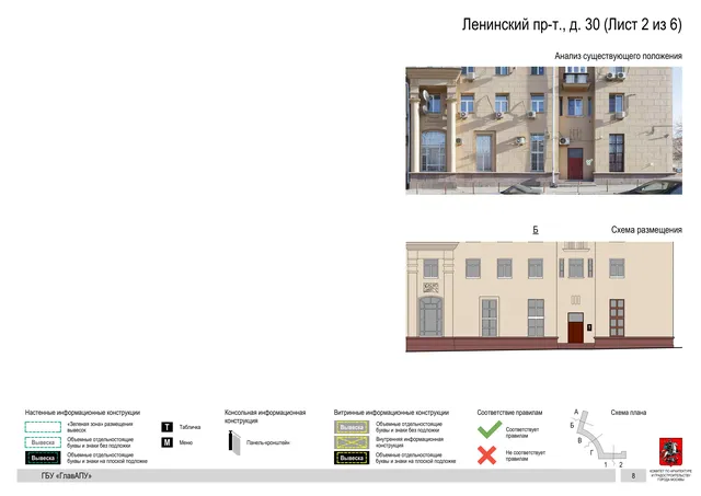 Архитектурная концепция размещения вывесок — Ленинский проспект, 30, Москва, лист 2 из 6 · Документ по адресу · Архитектурно-художественная концепция · 2019 год