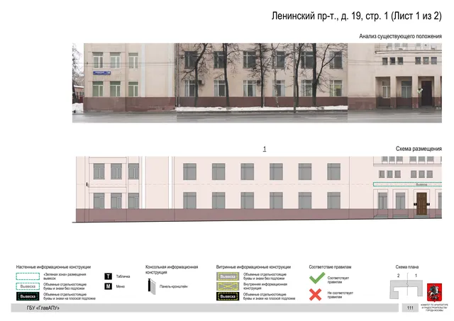 Архитектурная концепция размещения вывесок — Ленинский проспект, 19, стр. 1, Москва, лист 1 из 2 · Документ по адресу · Архитектурно-художественная концепция · 2019 год