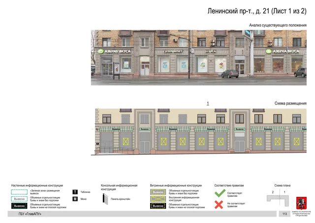 Архитектурная концепция размещения вывесок — Ленинский проспект, 21, Москва, лист 1 из 2 · Документ по адресу · Архитектурно-художественная концепция · 2019 год