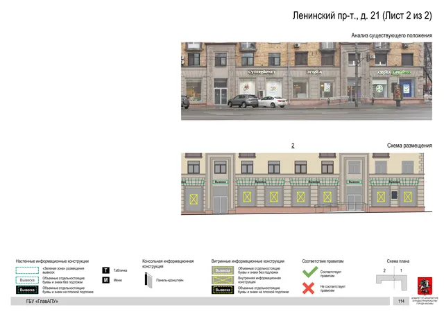 Архитектурная концепция размещения вывесок — Ленинский проспект, 21, Москва, лист 2 из 2 · Документ по адресу · Архитектурно-художественная концепция · 2019 год