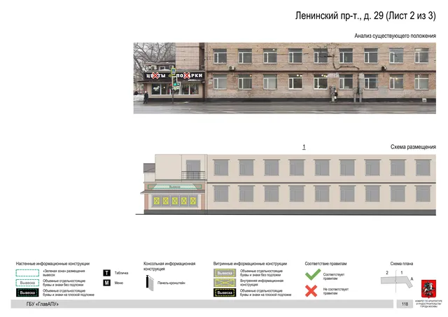 Архитектурная концепция размещения вывесок — Ленинский проспект, 29, Москва, лист 2 из 3 · Документ по адресу · Архитектурно-художественная концепция · 2019 год