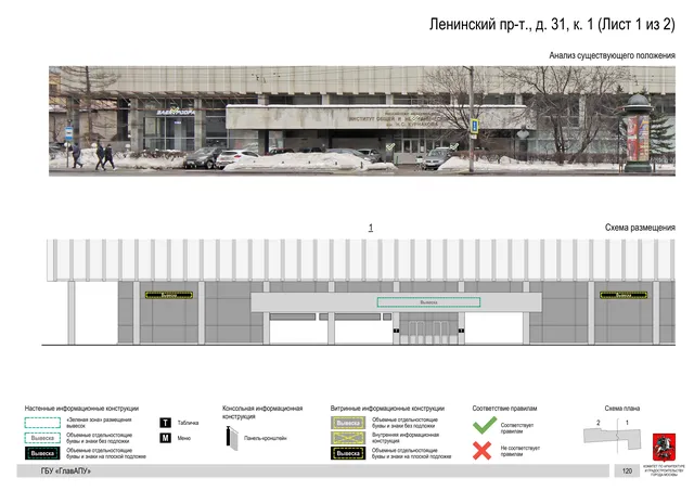 Архитектурная концепция размещения вывесок — Ленинский проспект, 31, корп. 1, Москва, лист 1 из 2 · Документ по адресу · Архитектурно-художественная концепция · 2019 год