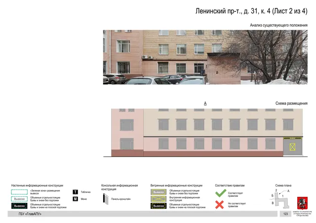 Архитектурная концепция размещения вывесок — Ленинский проспект, 31, корп. 4, Москва, лист 2 из 4 · Документ по адресу · Архитектурно-художественная концепция · 2019 год