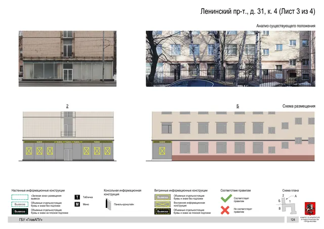 Архитектурная концепция размещения вывесок — Ленинский проспект, 31, корп. 4, Москва, лист 3 из 4 · Документ по адресу · Архитектурно-художественная концепция · 2019 год