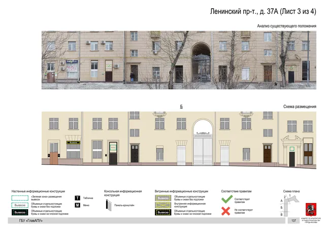 Архитектурная концепция размещения вывесок — Ленинский проспект, 37А, Москва, лист 3 из 4 · Документ по адресу · Архитектурно-художественная концепция · 2019 год
