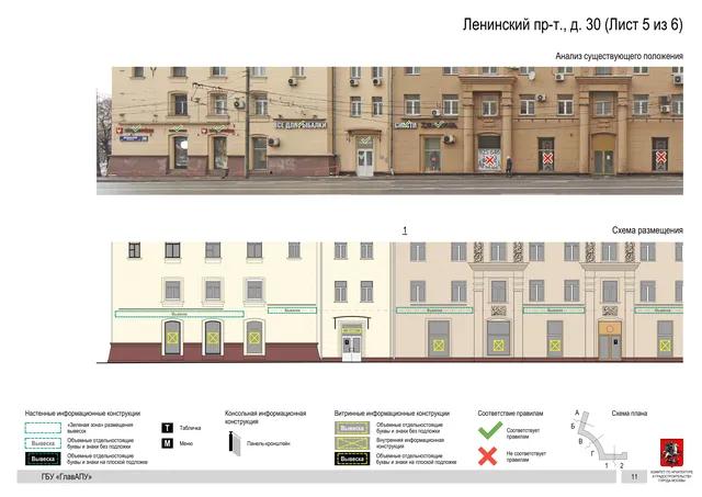 Архитектурная концепция размещения вывесок — Ленинский проспект, 30, Москва, лист 5 из 6 · Документ по адресу · Архитектурно-художественная концепция · 2019 год