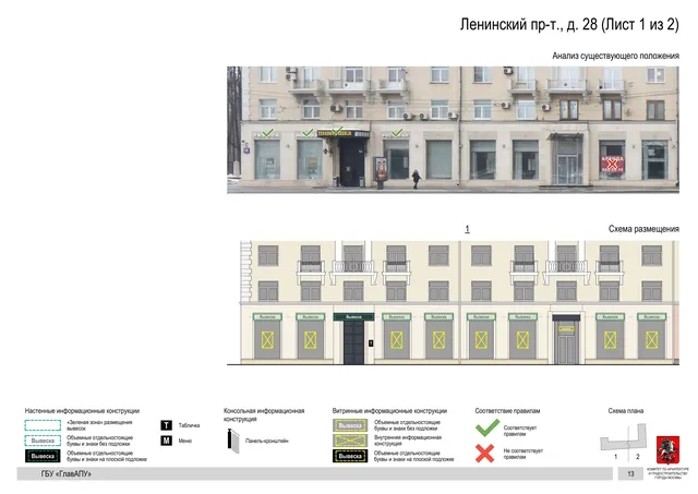 Архитектурная концепция размещения вывесок — Ленинский проспект, 28, Москва, лист 1 из 2 · Документ по адресу · Архитектурно-художественная концепция · 2019 год