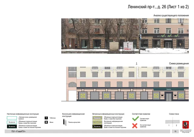 Архитектурная концепция размещения вывесок — Ленинский проспект, 26, Москва, лист 1 из 2 · Документ по адресу · Архитектурно-художественная концепция · 2019 год