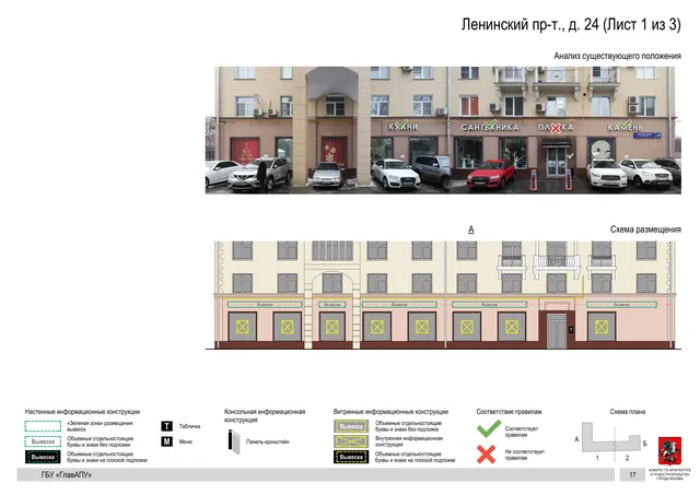 Архитектурная концепция размещения вывесок — Ленинский проспект, 24, Москва, лист 1 из 3 · Документ по адресу · Архитектурно-художественная концепция · 2019 год
