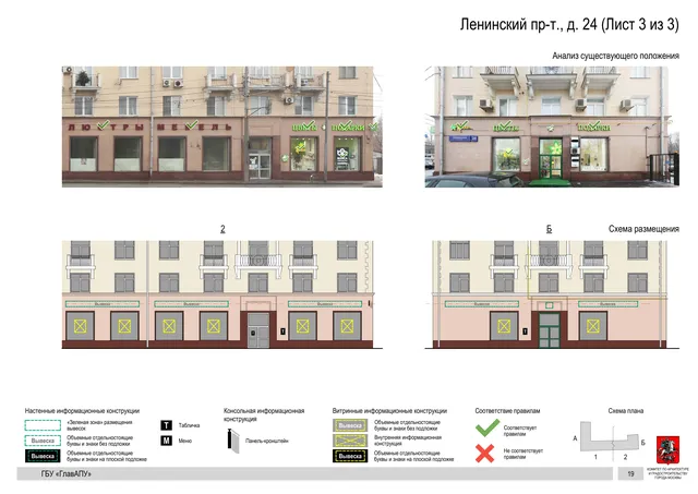 Архитектурная концепция размещения вывесок — Ленинский проспект, 24, Москва, лист 3 из 3 · Документ по адресу · Архитектурно-художественная концепция · 2019 год