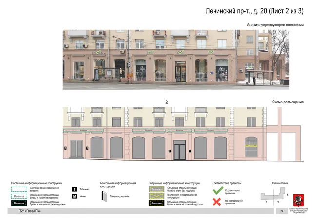 Архитектурная концепция размещения вывесок — Ленинский проспект, 20, Москва, лист 2 из 3 · Документ по адресу · Архитектурно-художественная концепция · 2019 год