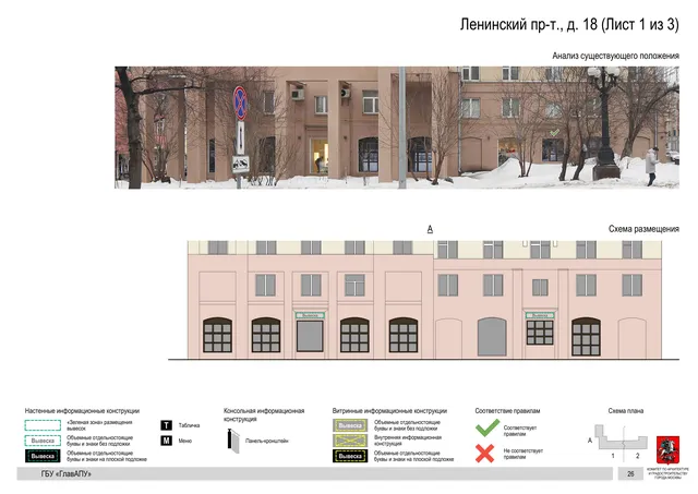 Архитектурная концепция размещения вывесок — Ленинский проспект, 18, Москва, лист 1 из 3 · Документ по адресу · Архитектурно-художественная концепция · 2019 год