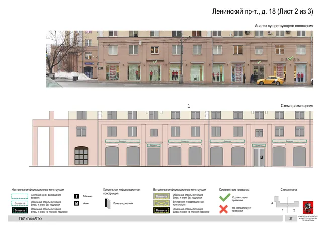 Архитектурная концепция размещения вывесок — Ленинский проспект, 18, Москва, лист 2 из 3 · Документ по адресу · Архитектурно-художественная концепция · 2019 год