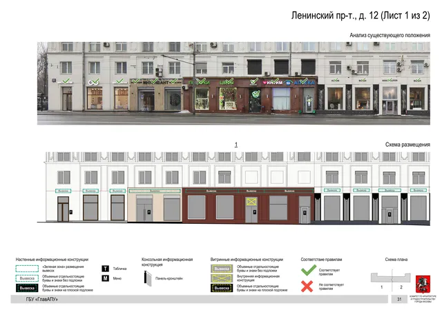 Архитектурная концепция размещения вывесок — Ленинский проспект, 12, Москва, лист 1 из 2 · Документ по адресу · Архитектурно-художественная концепция · 2019 год