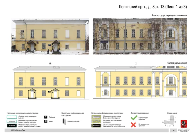 Архитектурная концепция размещения вывесок — Ленинский проспект, 8, корп. 13, Москва, лист 1 из 3 · Документ по адресу · Архитектурно-художественная концепция · 2019 год