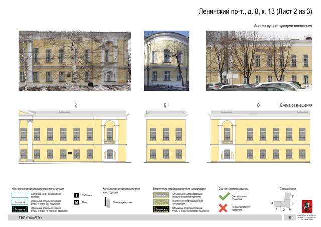 Архитектурная концепция размещения вывесок — Ленинский проспект, 8, корп. 13, Москва, лист 2 из 3 · Документ по адресу · Архитектурно-художественная концепция · 2019 год