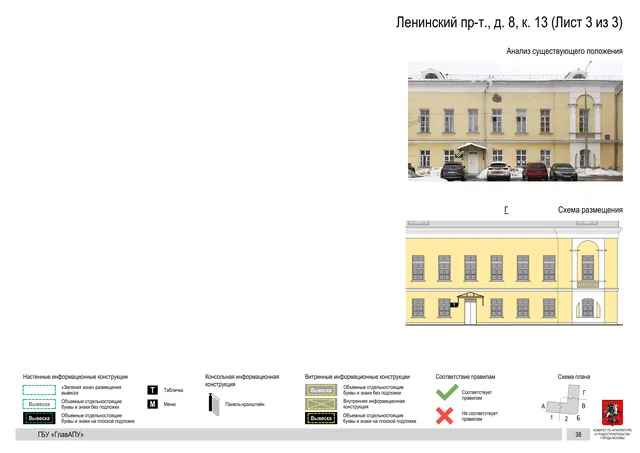 Архитектурная концепция размещения вывесок — Ленинский проспект, 8, корп. 13, Москва, лист 3 из 3 · Документ по адресу · Архитектурно-художественная концепция · 2019 год